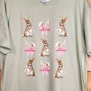 American Apparel Sage Green Tee with Pink Bow & Brown Bunny Print